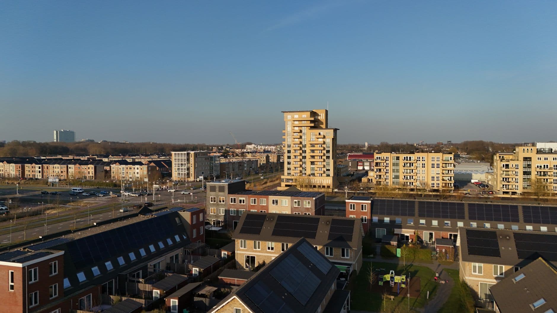 Image illustrating: Social housing towers near Ghent’s Watersportbaan with solar panels and energy-r (editorial)