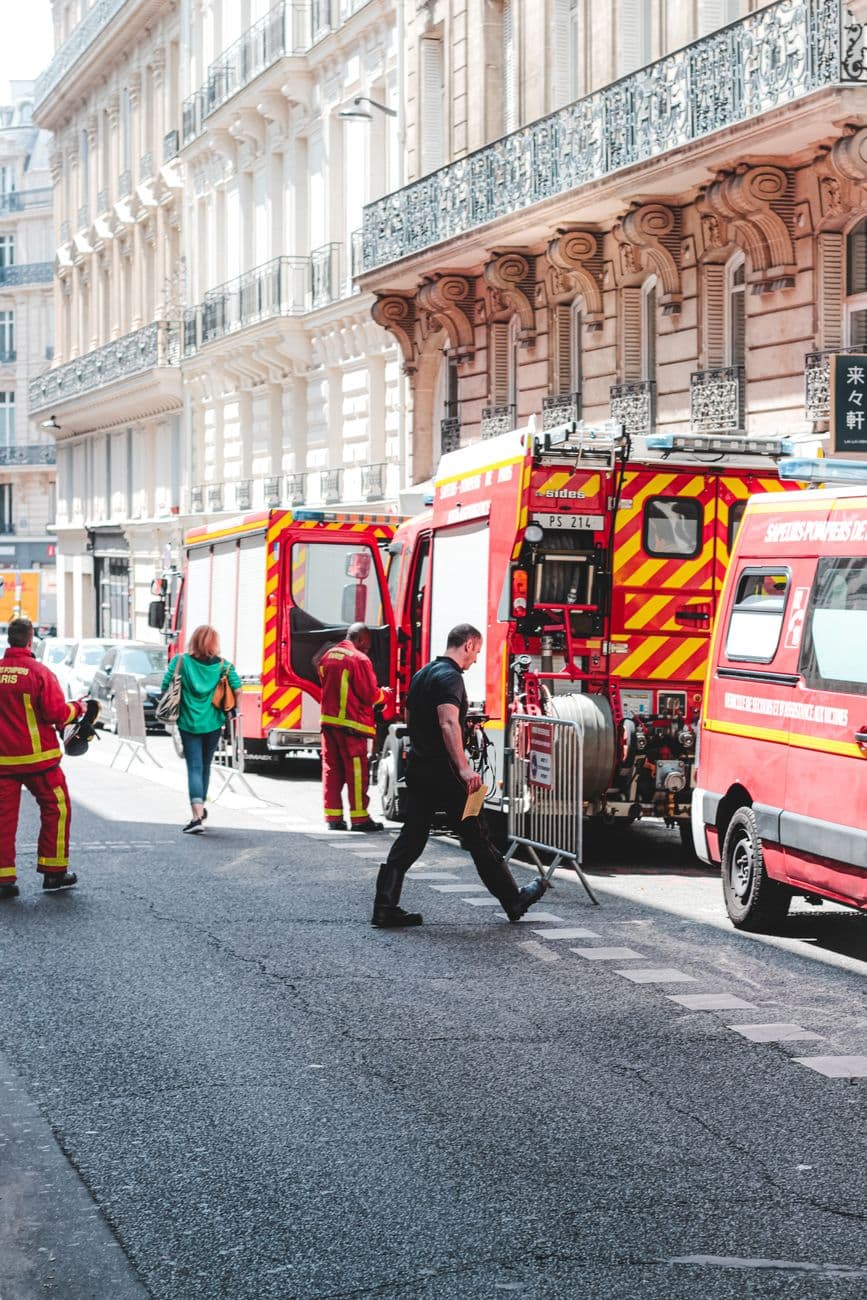 Image illustrating: Firefighters and emergency vehicles outside a Brussels brasserie on Place Jourda (editorial)