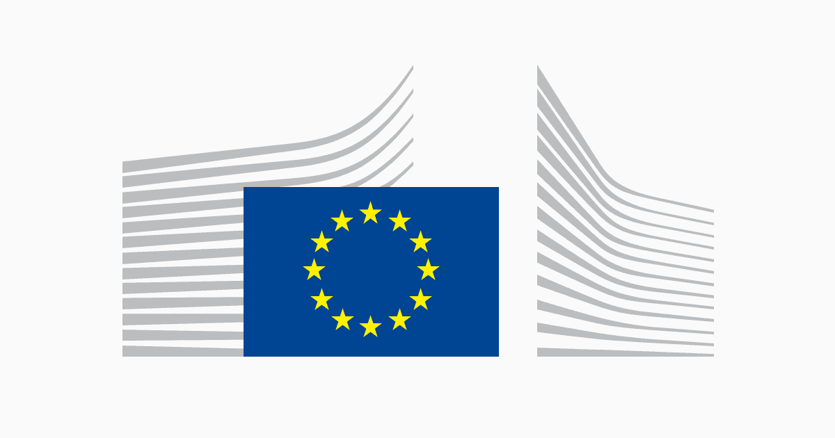 A stylized image of the European Commission Berlaymont building with the European Union flag in front.