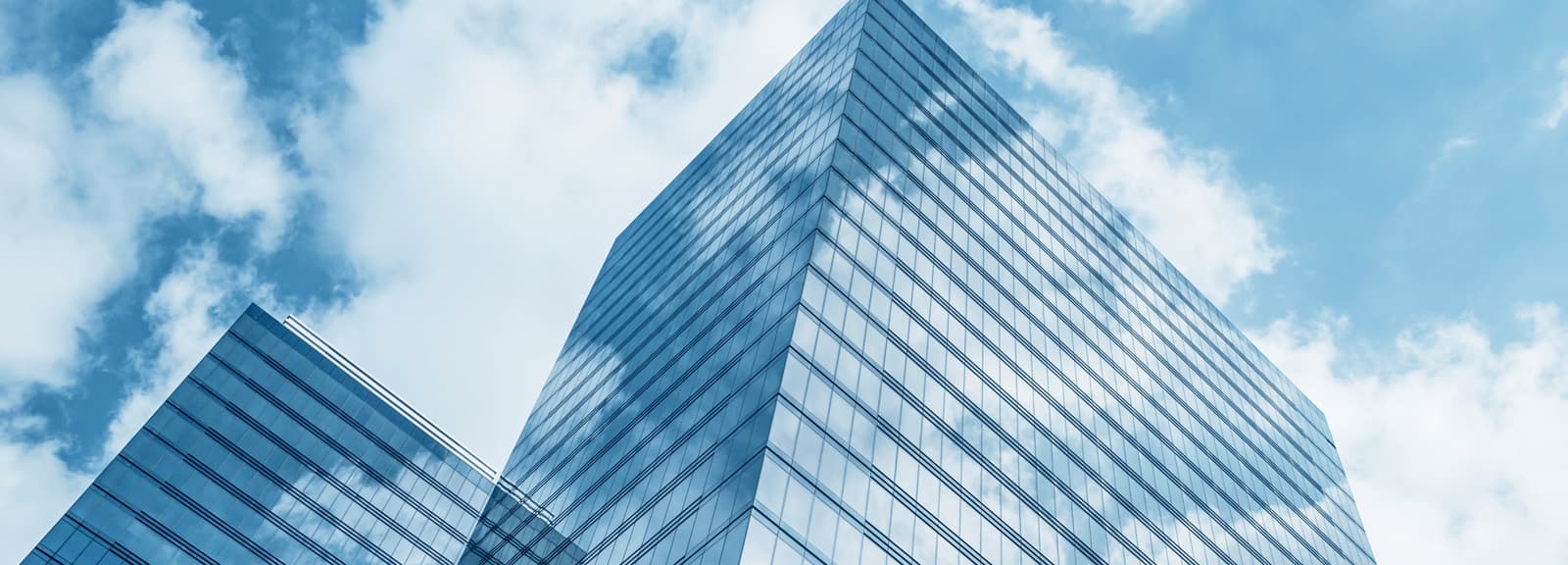 Low-angle view of two modern blue glass office towers against a cloudy sky.
