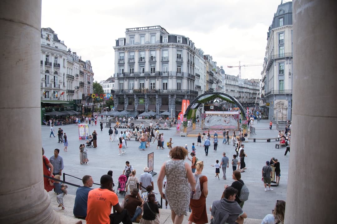 Image illustrating: People walking in central Brussels during hot sunny weather (editorial)