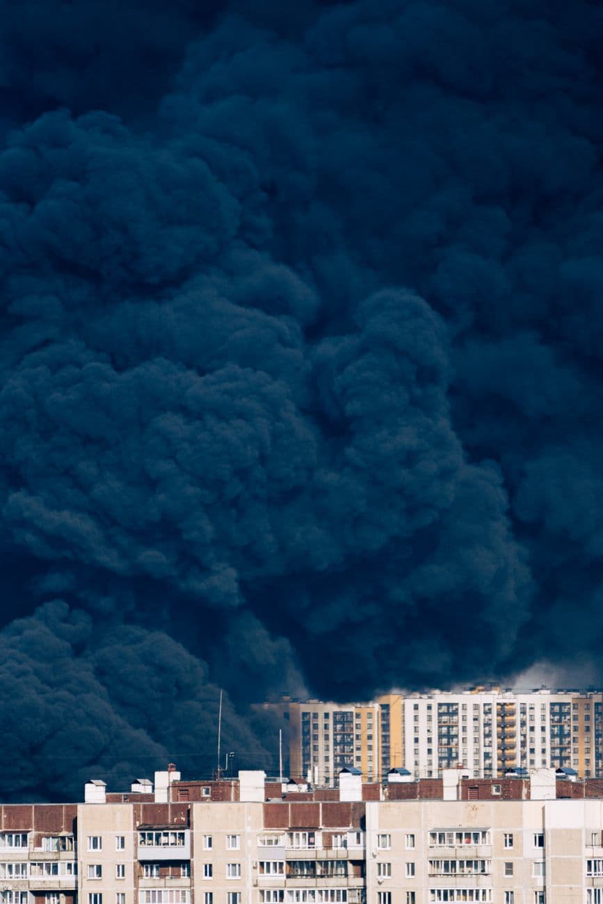 Image illustrating: Smoke over St Petersburg port or drone air-defence scene connected to the Russia (editorial)