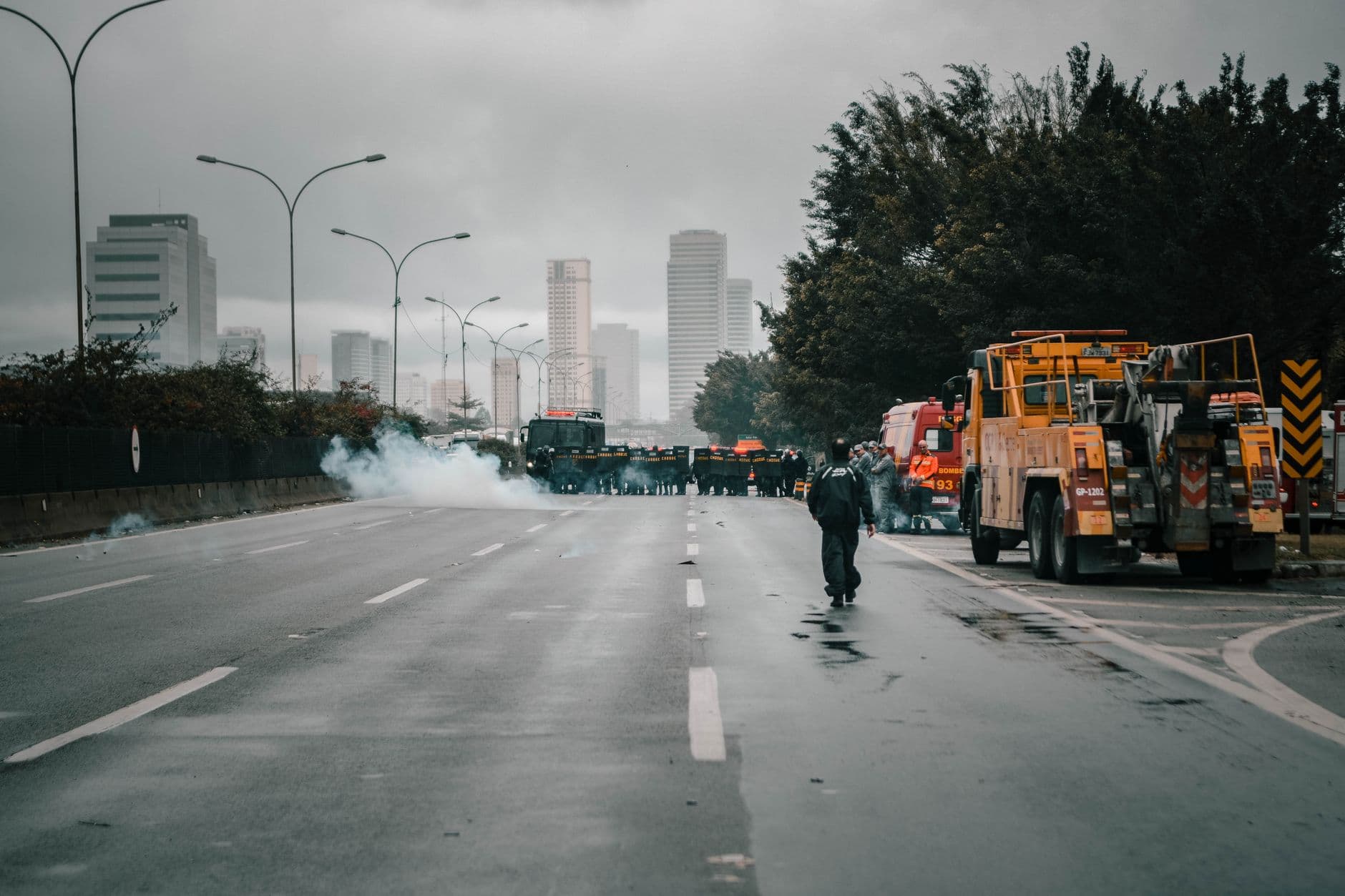 Image illustrating: Brussels police and emergency vehicles near a demonstration route (editorial)