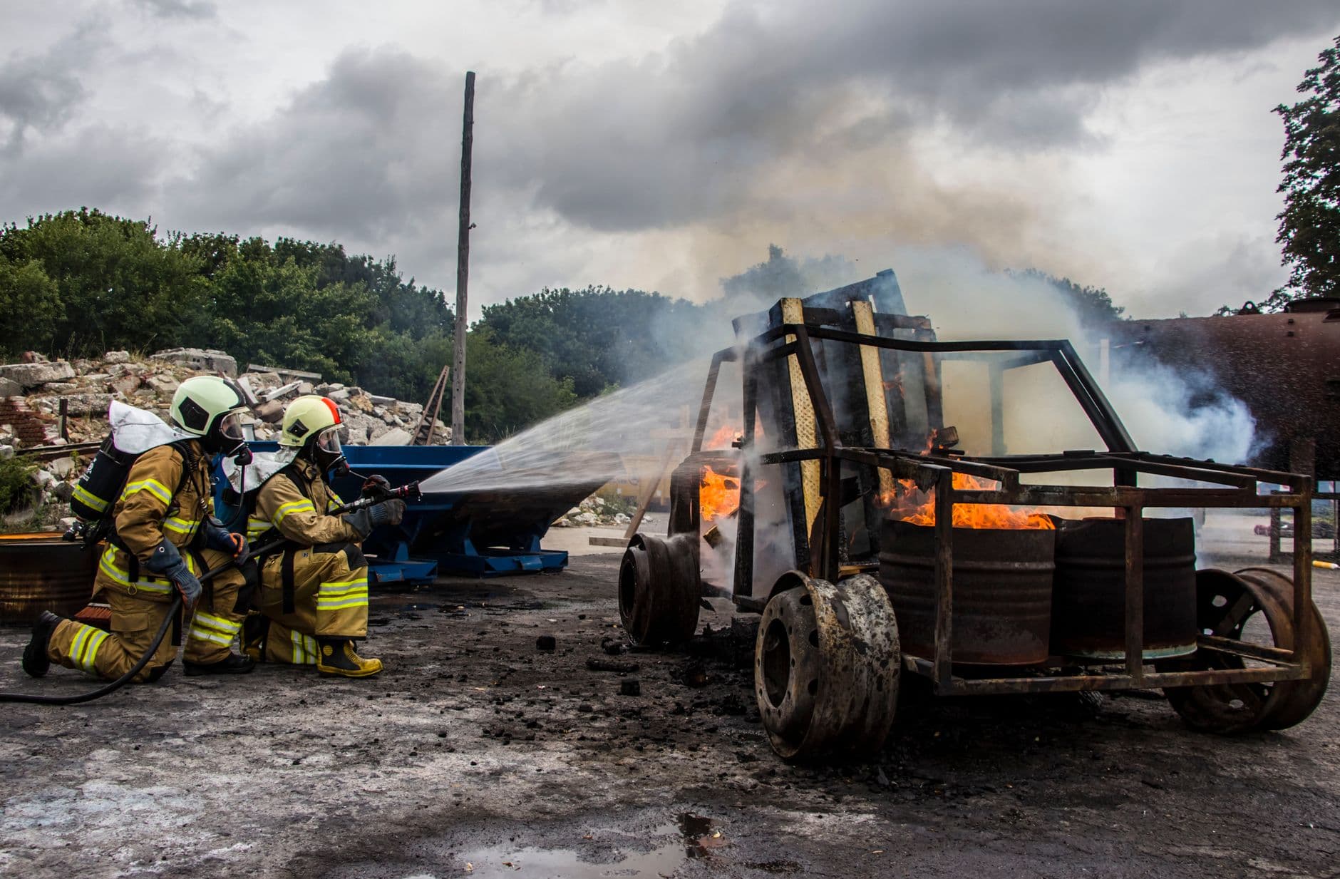 Image illustrating: Firefighters and emergency vehicles near a Tournai roundabout (editorial)