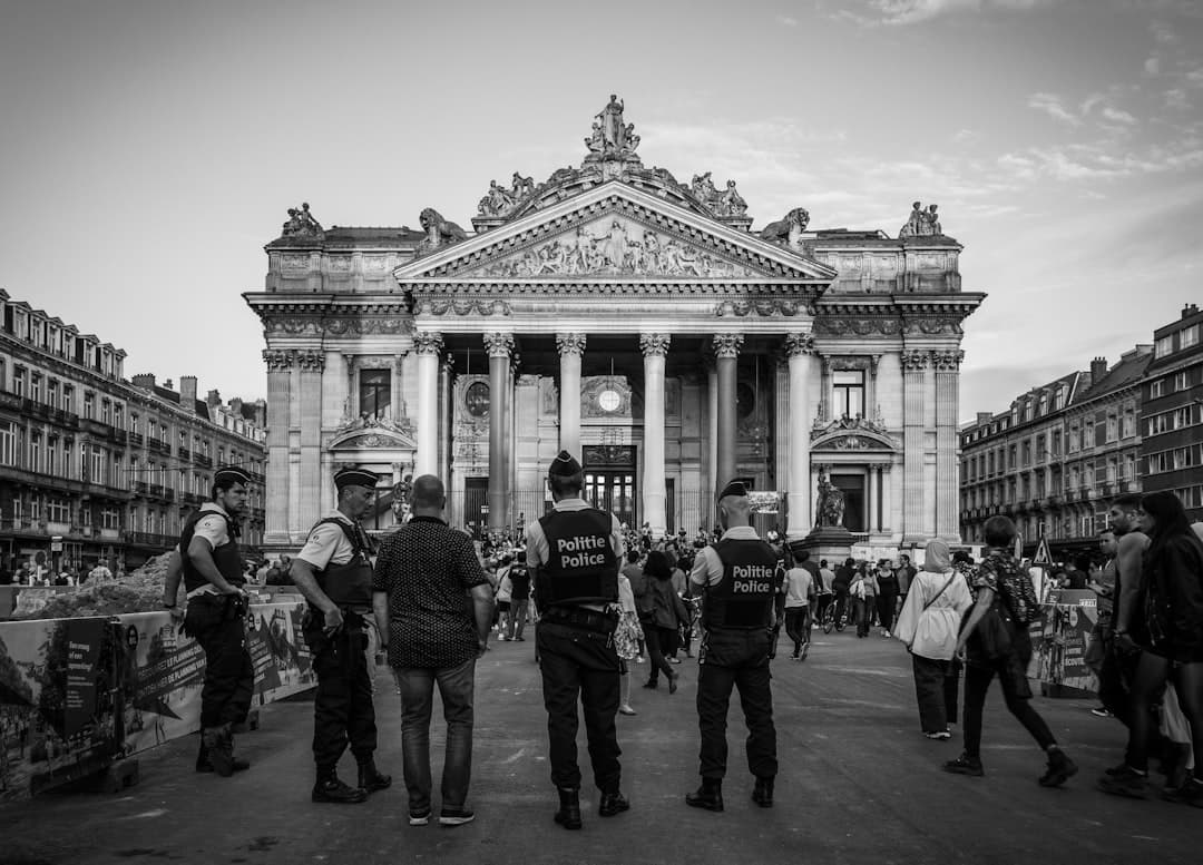 Image illustrating: Students and police near the Fédération Wallonie-Bruxelles institutions in centr (editorial)